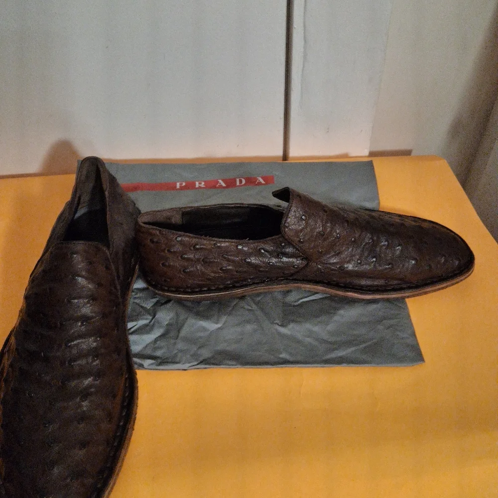 Prada Dark Brown Ostrich Leather Slip-On Loafers